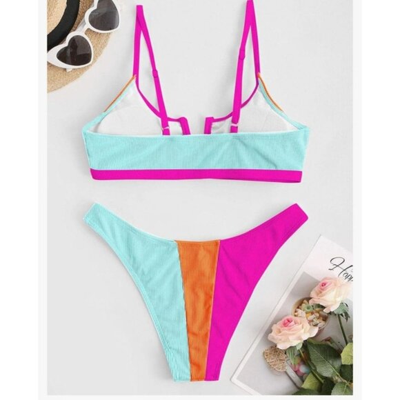 Zaful Womens Colorblock Bikini Set V-Neck & High Waist Bottoms Size 8-10 Sexy - Picture 3 of 9